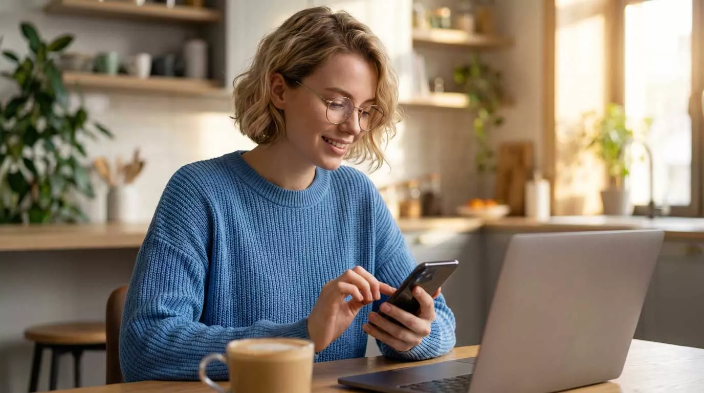 Studentin sitzt in einem blauen Pullover vor einem Laptop und schaut auf ihr Smartphone