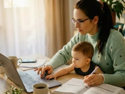 Eine Studentin mit Brille und hellgrünem Pullover sitzt an einem hölzernen Schreibtisch und arbeitet an einem Laptop, während ein kleines Kleinkind neben ihr sitzt und auf die Tastatur schaut.
