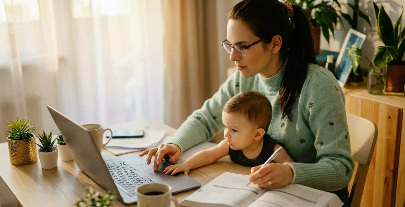 Eine Studentin mit Brille und hellgrünem Pullover sitzt an einem hölzernen Schreibtisch und arbeitet an einem Laptop, während ein kleines Kleinkind neben ihr sitzt und auf die Tastatur schaut.