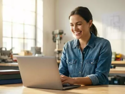 Studentin sitzt am Laptop in der Werkstatt und studiert