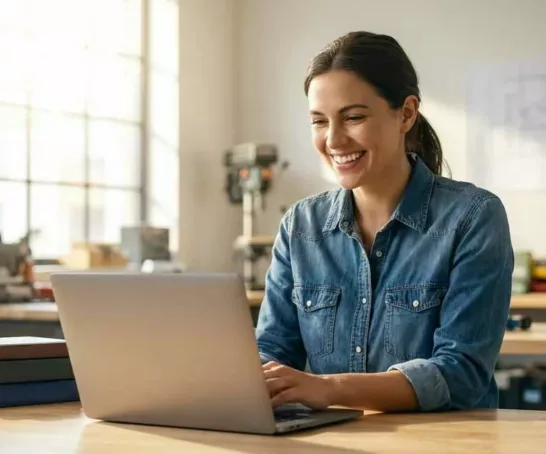 Studentin sitzt am Laptop in der Werkstatt und studiert
