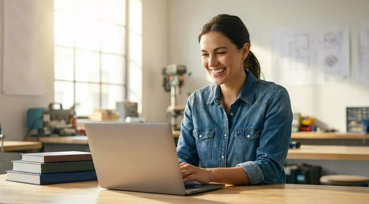 Studentin sitzt am Laptop in der Werkstatt und studiert