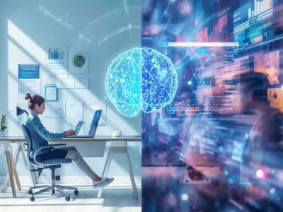 Frau arbeitet am Laptop in modernem Büro mit KI-Gehirn-Visualisierung und digitalen Datenanalysen