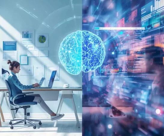 Frau arbeitet am Laptop in modernem Büro mit KI-Gehirn-Visualisierung und digitalen Datenanalysen