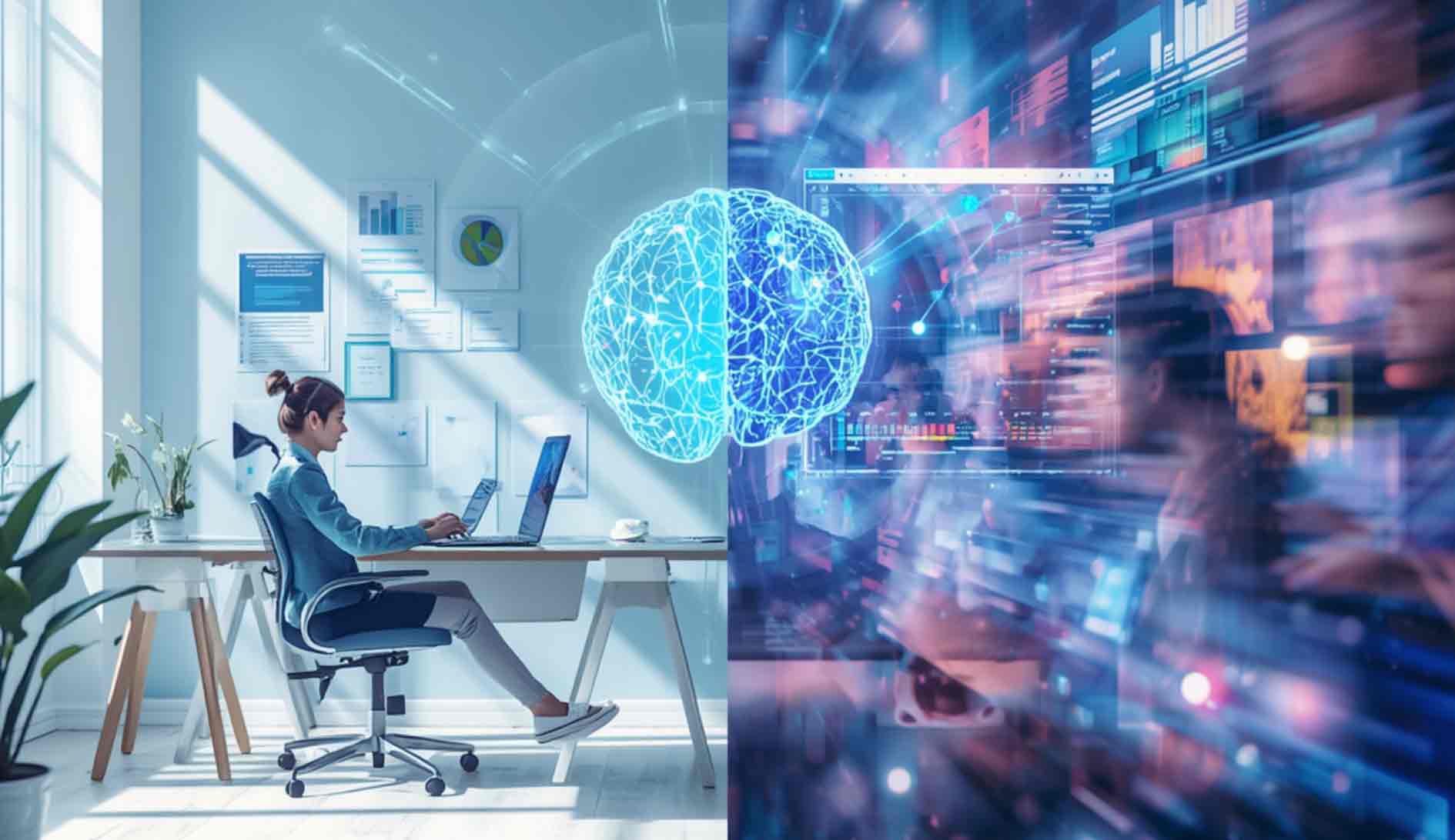 Frau arbeitet am Laptop in modernem Büro mit KI-Gehirn-Visualisierung und digitalen Datenanalysen