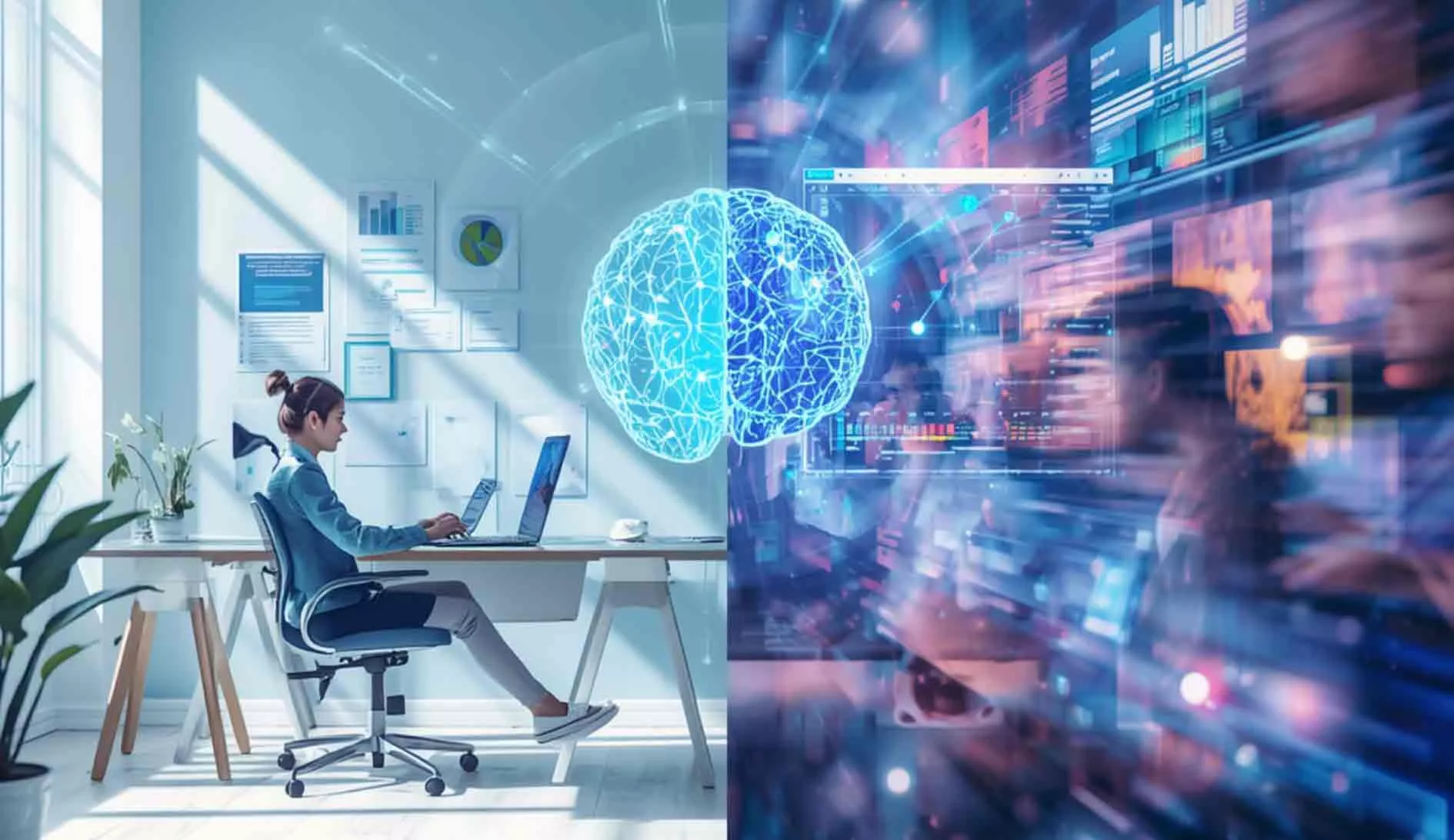 Frau arbeitet am Laptop in modernem Büro mit KI-Gehirn-Visualisierung und digitalen Datenanalysen