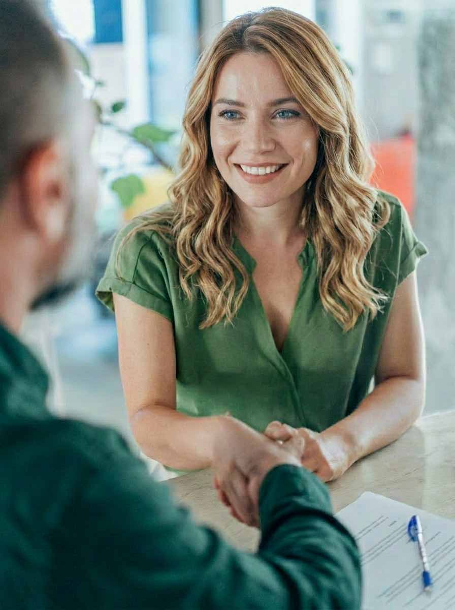 Zwei Personen schütteln sich im modernen Büro die Hände