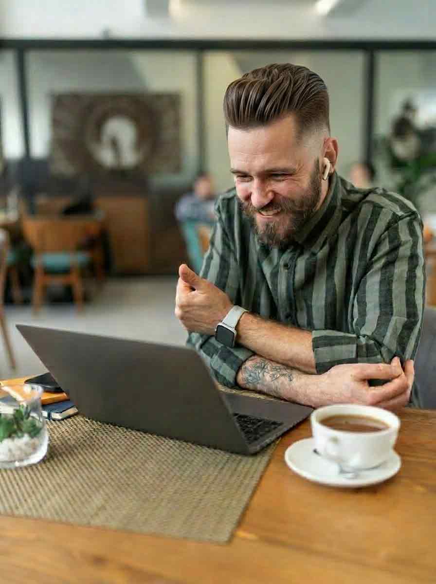 Mann mit In-Ear-Kopfhörer am Laptop im Café
