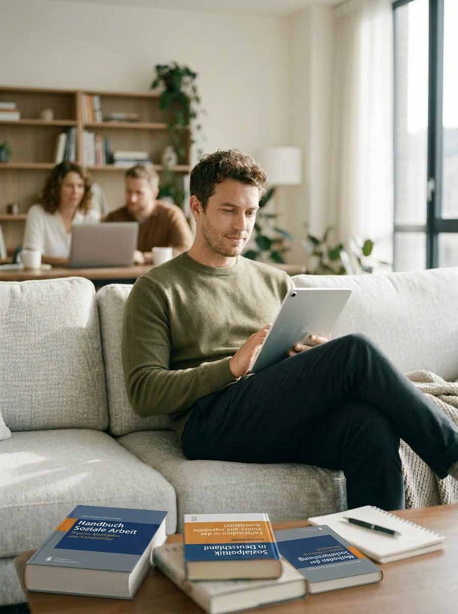 Mann sitzt auf Sofa und nutzt Tablet, Fachbücher im Vordergrund.