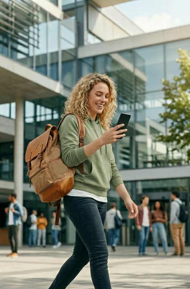 Junge Frau mit gelbem Hoodie und Rucksack schaut lächelnd auf ihr Smartphone vor modernem Gebäude