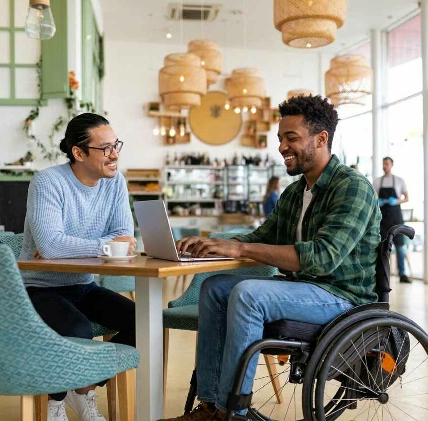 Zwei lächelnde Männer arbeiten gemeinsam an einem Laptop in einem hellen Café mit Grünpflanzen und Holzeinrichtung. Ein Mann sitzt im Rollstuhl.