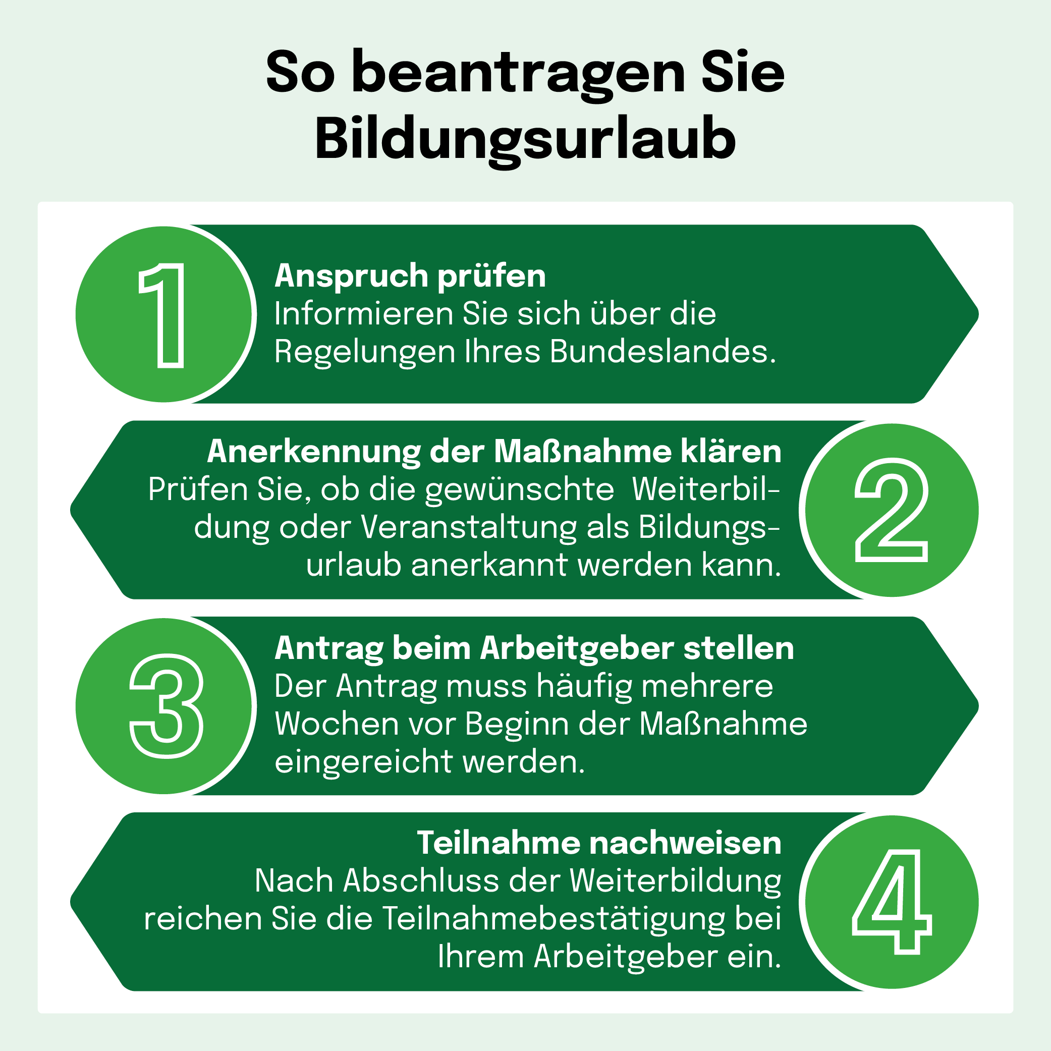 Infografik mit 4 Schritten zum Beantragen von Bildungsurlaub: Anspruch prüfen, Maßnahme klären, Antrag stellen und Teilnahme nachweisen, dargestellt mit grünen nummerierten Kästchen.