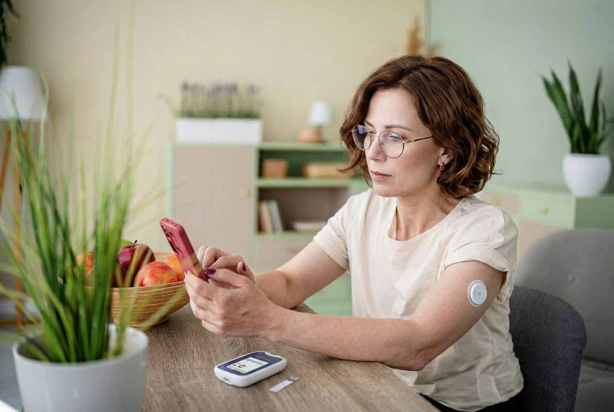 Frau mittleren Alters mit Brille und beigem Shirt prüft ihr Blutzuckermessgerät. Auf dem Tisch liegt ein Gemüsekorb mit Obst und Gemüse.