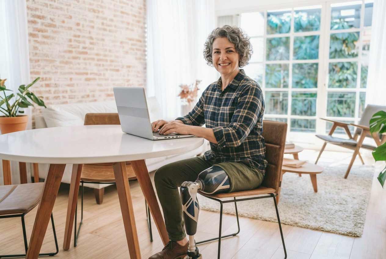 Frau mittleren Alters mit grauem lockigem Haar sitzt lächelnd an einem runden weißen Tisch und arbeitet an einem Laptop in einem hellen, modernen Wohnzimmer mit Ziegelmauer und großem Fenster.