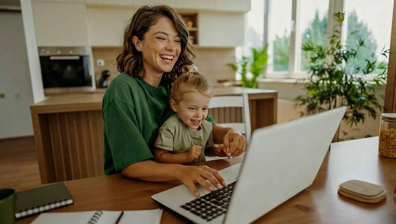 Lachende Frau in grünem T-Shirt sitzt mit ihrem kleinen Kind am Holztisch, beide schauen auf einen Laptop, moderne Küche mit Pflanzen im Hintergrund.
