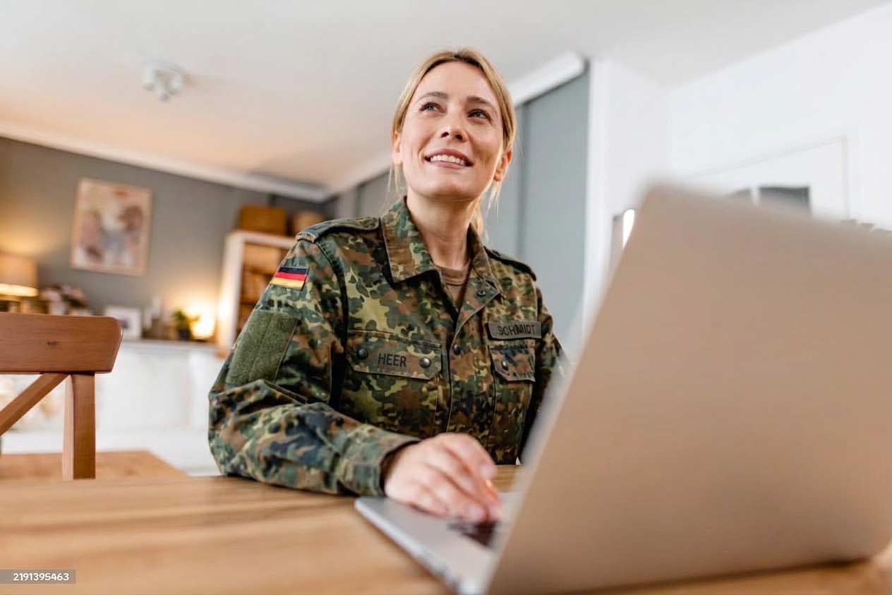 Lächelnde Frau in Tarnuniform mit deutscher Flagge sitzt an einem Holztisch vor einem Laptop in einem hellen modernen Wohnzimmer.
