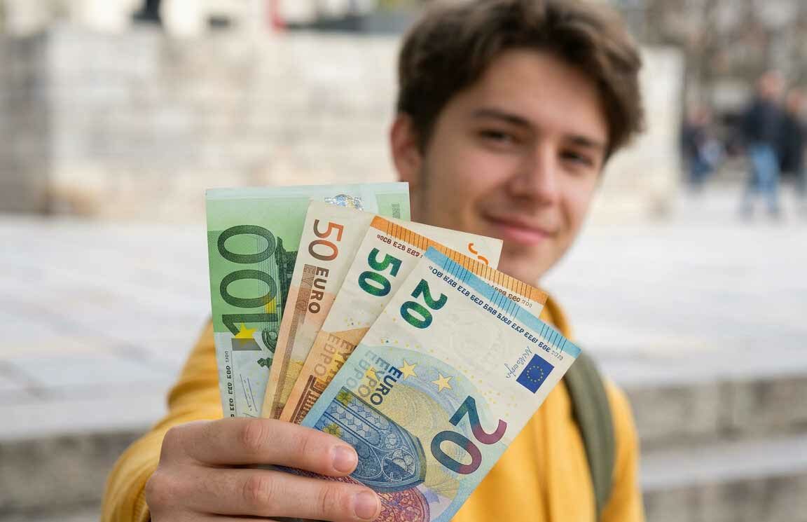 Junger Mann in gelbem Pullover hält mehrere Euro-Scheine (100, 50, 20, 10 Euro) in der Hand und zeigt sie lächelnd zur Kamera