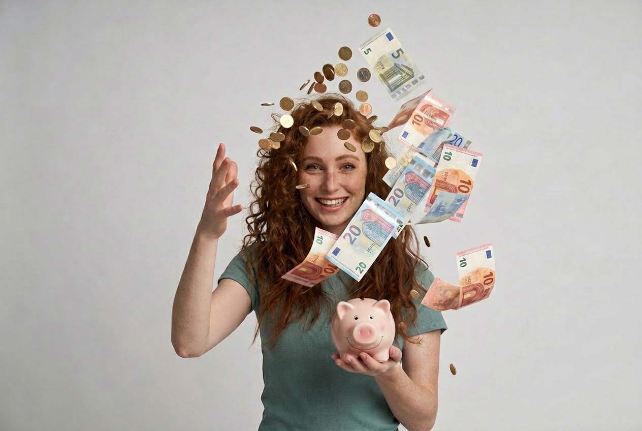 Junge Frau mit lockigem braunem Haar in grünem T-Shirt hält ein rosa Sparschwein und lächelt zur Kamera, während Euro-Banknoten und Münzen um ihren Kopf herum fliegen