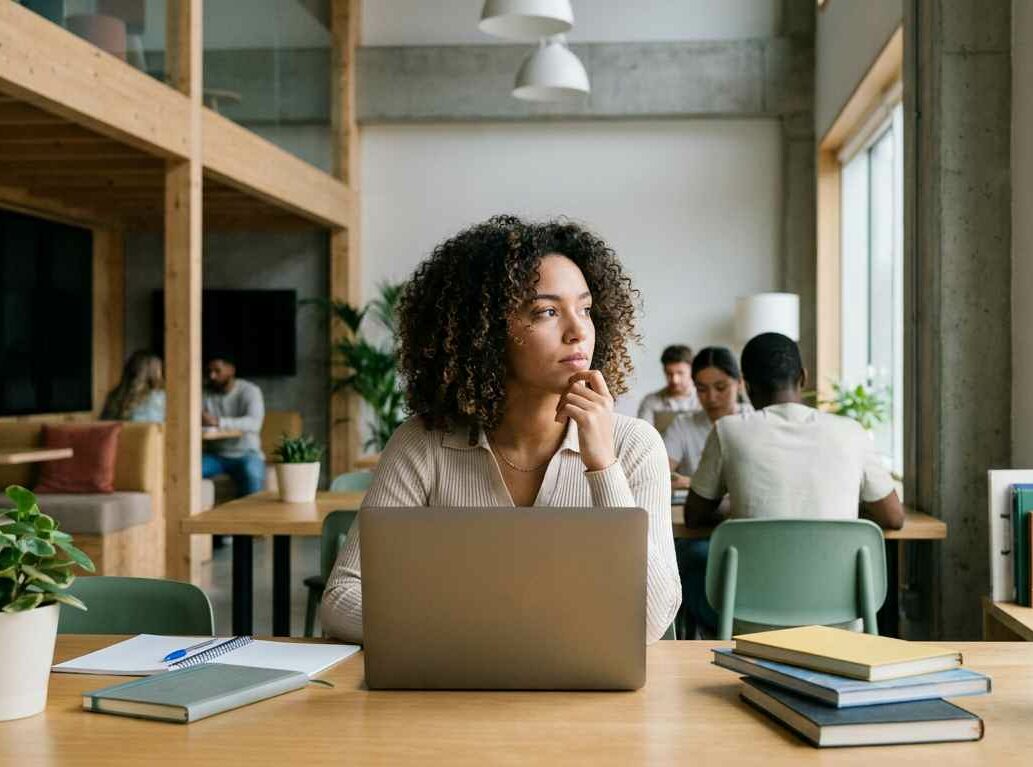 Nachdenkliche Fernstudierende am Laptop